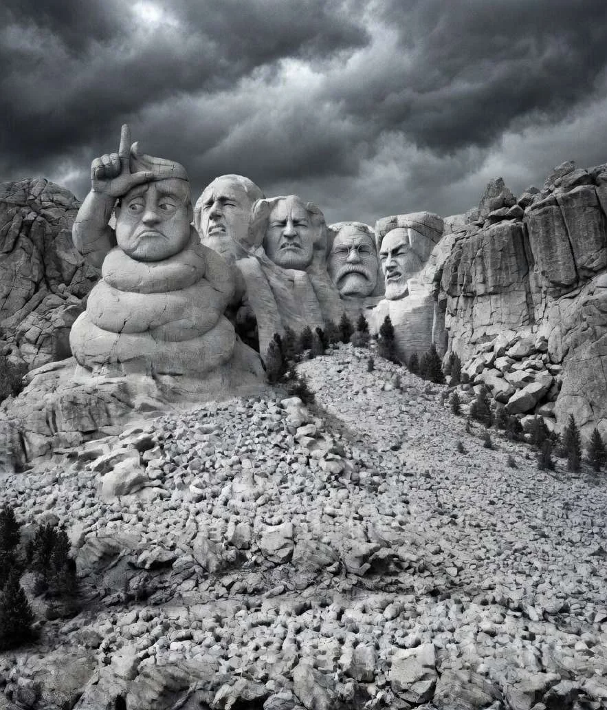 Black and white parody of Mount Rushmore with Trump as a turd replacing one of the presidents