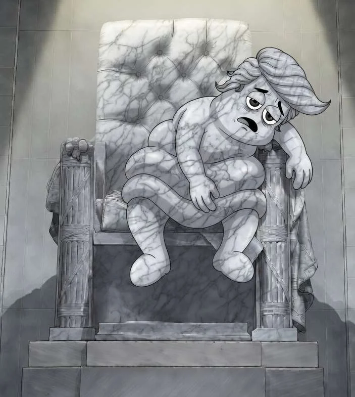Parody of the Lincoln Memorial with a cartoonish turd-Trump figure slumped on the throne
