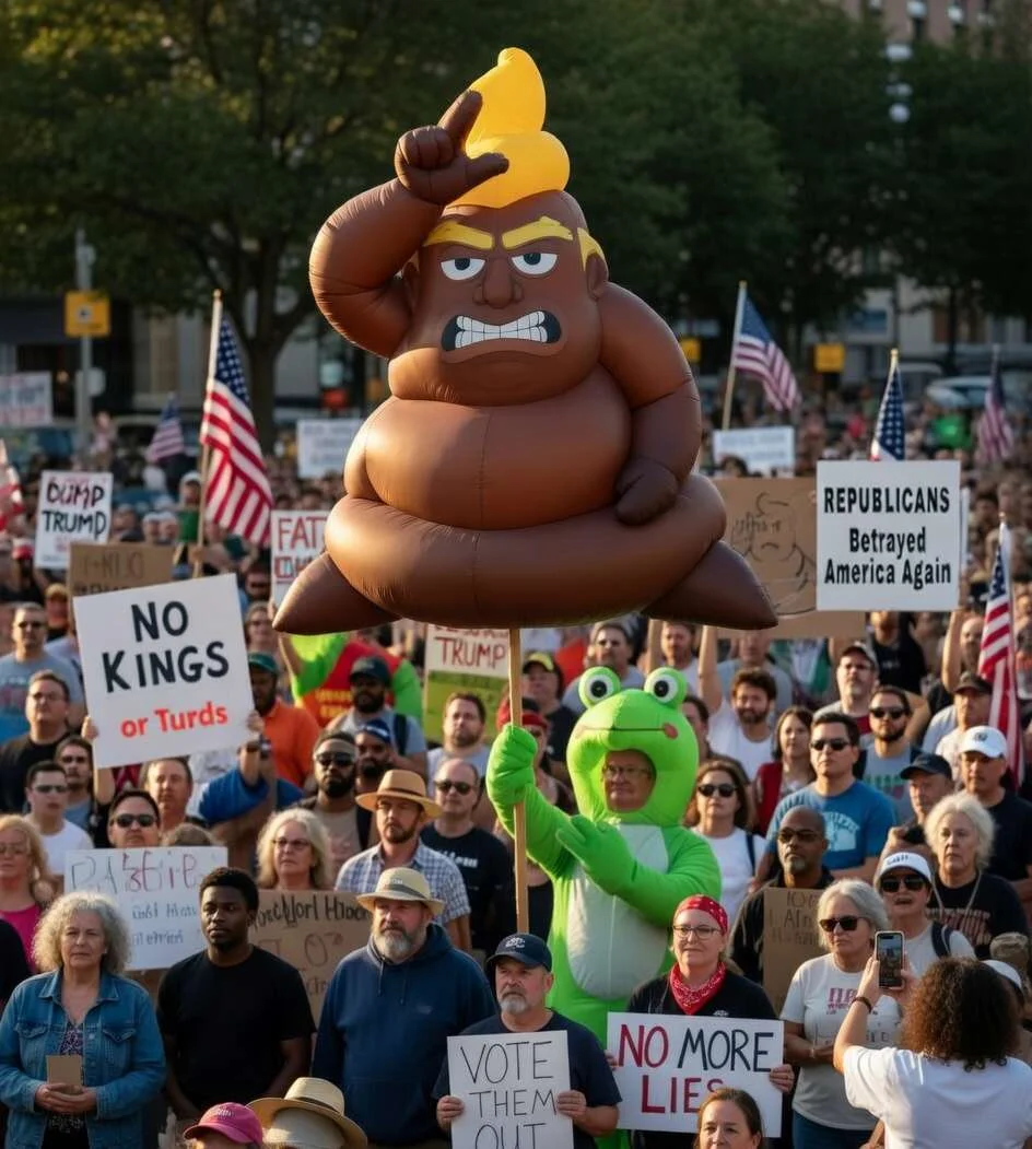 Protest crowd with a large turd-Trump inflatable in a public square; signs reading 'No Kings or Turds' and 'Republicans Betrayed America Again'