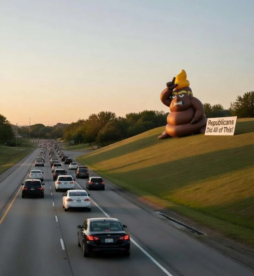 Giant turd-Trump inflatable on a highway embankment holding sign 'Republicans Did All of This!'