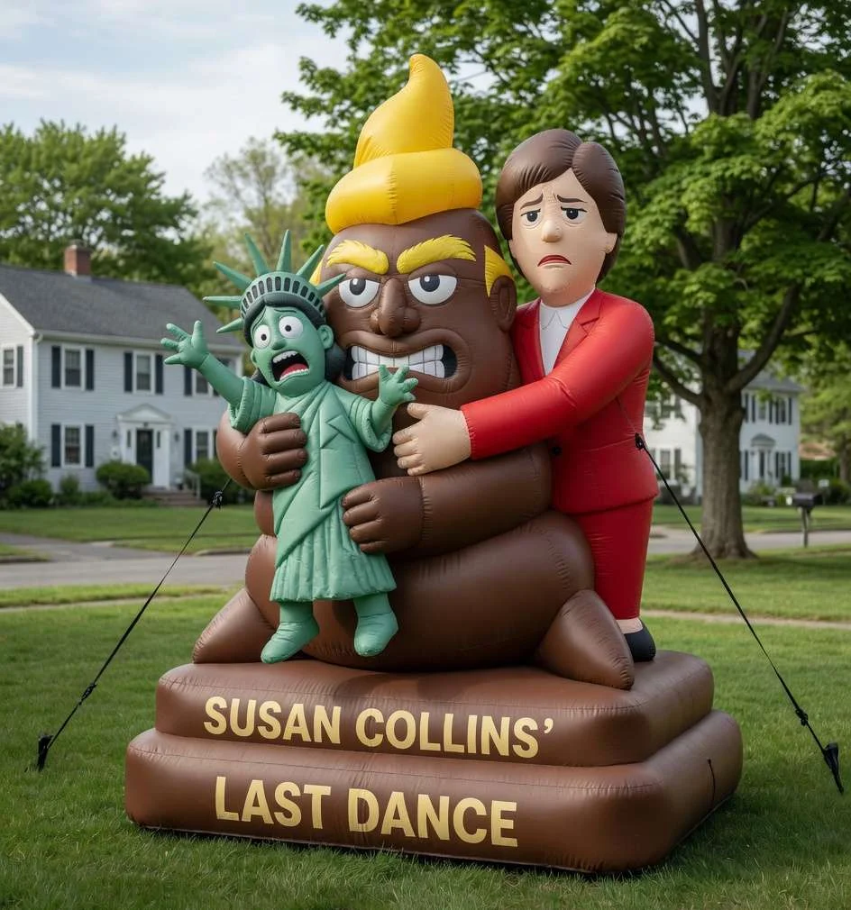 Inflatable scene 'Susan Collins' Last Dance' — turd-Trump grabbing Statue of Liberty while Susan Collins hugs him