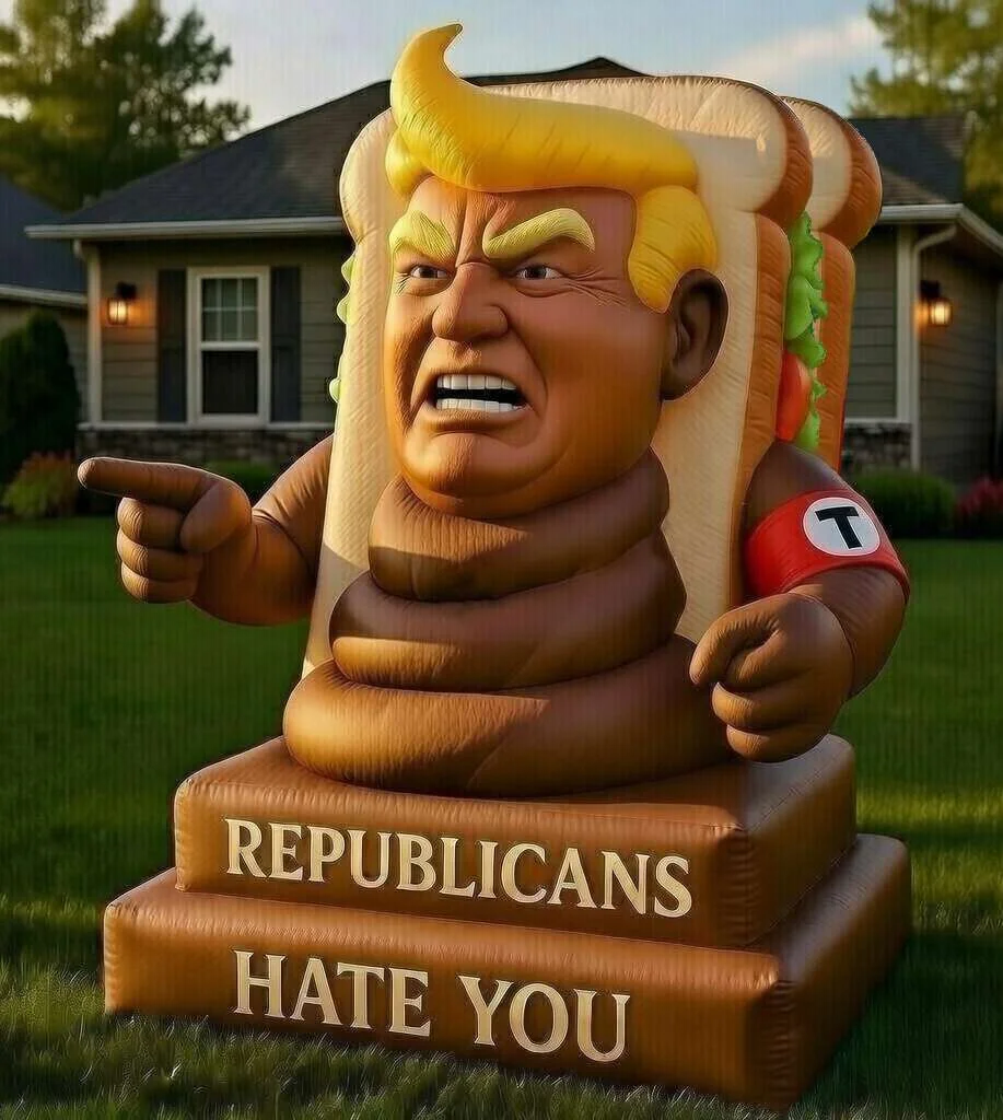 Inflatable of turd-Trump in a sandwich costume; pedestal reads 'Republicans Hate You'