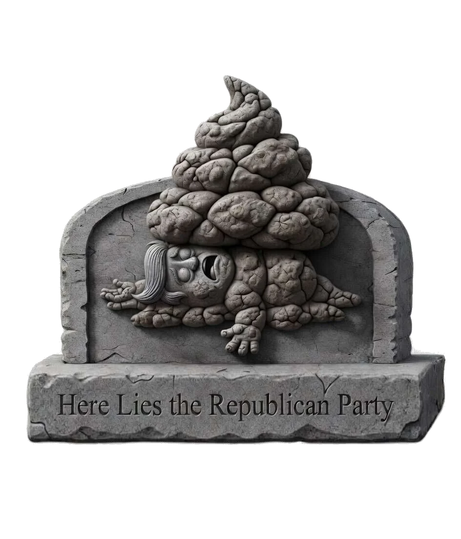 Stone grave marker with turd-Trump relief sculpture. Text: 'Here Lies the Republican Party'
