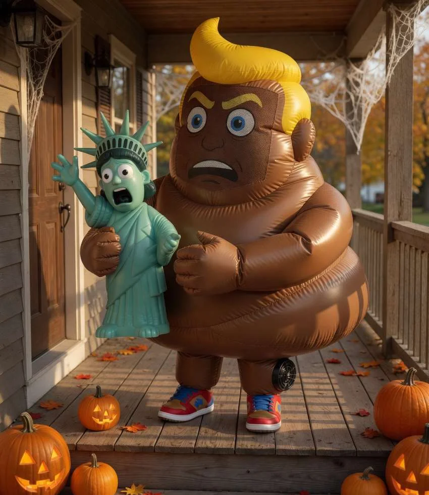 Halloween costume: person wearing a giant turd-Trump inflatable suit on a porch surrounded by jack-o-lanterns, with a scared Statue of Liberty