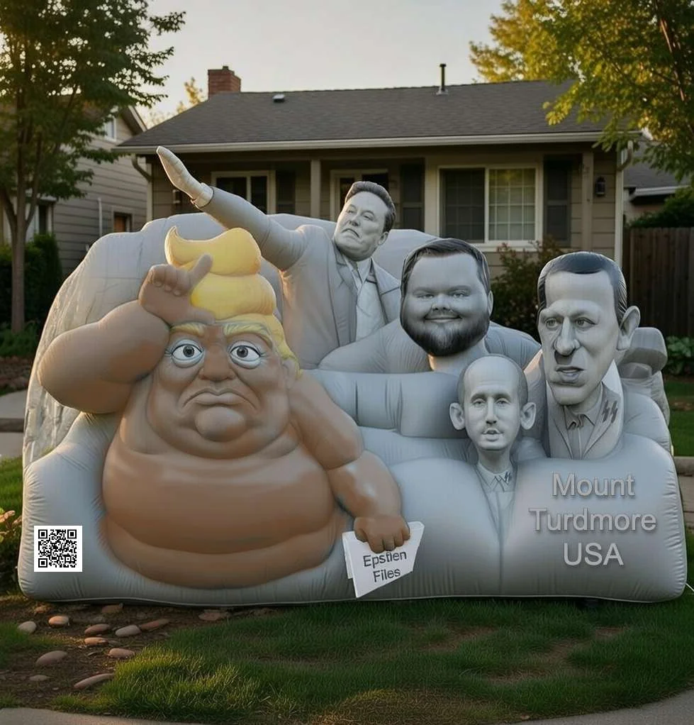 Inflatable group: turd-Trump with Musk, Gaetz, Putin, and Vance on a couch labeled 'Mount Turdmore USA' holding Epstein Files; QR code visible