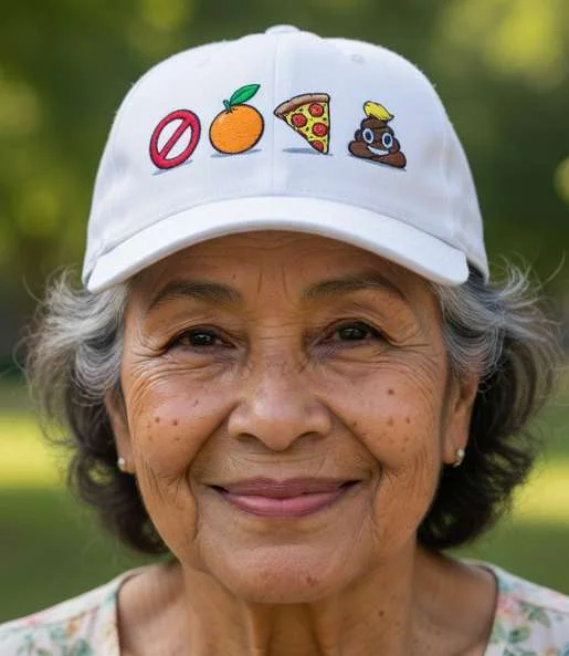 Older woman smiling wearing a white baseball cap embroidered with emoji symbols