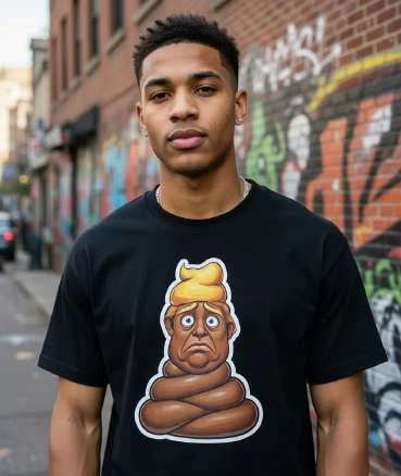 Young man wearing a black t-shirt with a turd-Trump graphic