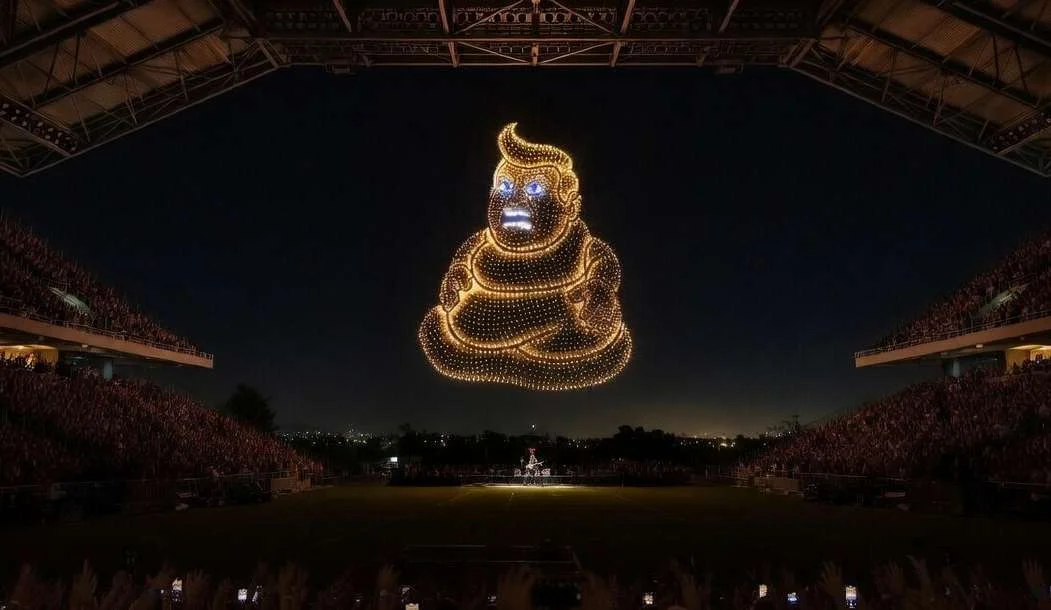 Night drone show at a packed stadium: thousands of drones form a glowing turd-Trump figure in the sky