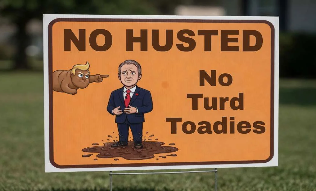 Orange yard sign: 'NO HUSTED — No Turd Toadies' with turd-Trump pointing at a politician