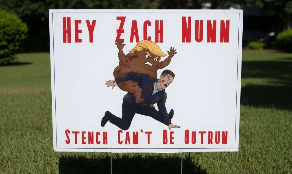 White yard sign: 'HEY ZACH NUNN — Stench Can't Be Outrun' with turd-Trump chasing a politician