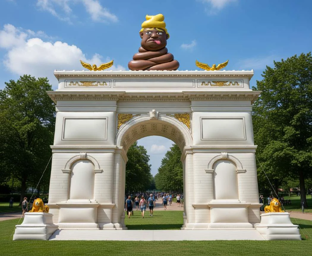 Inflatable Arc de Triomphe-style arch with turd-Trump figure on top, flanked by gold eagle inflatables
