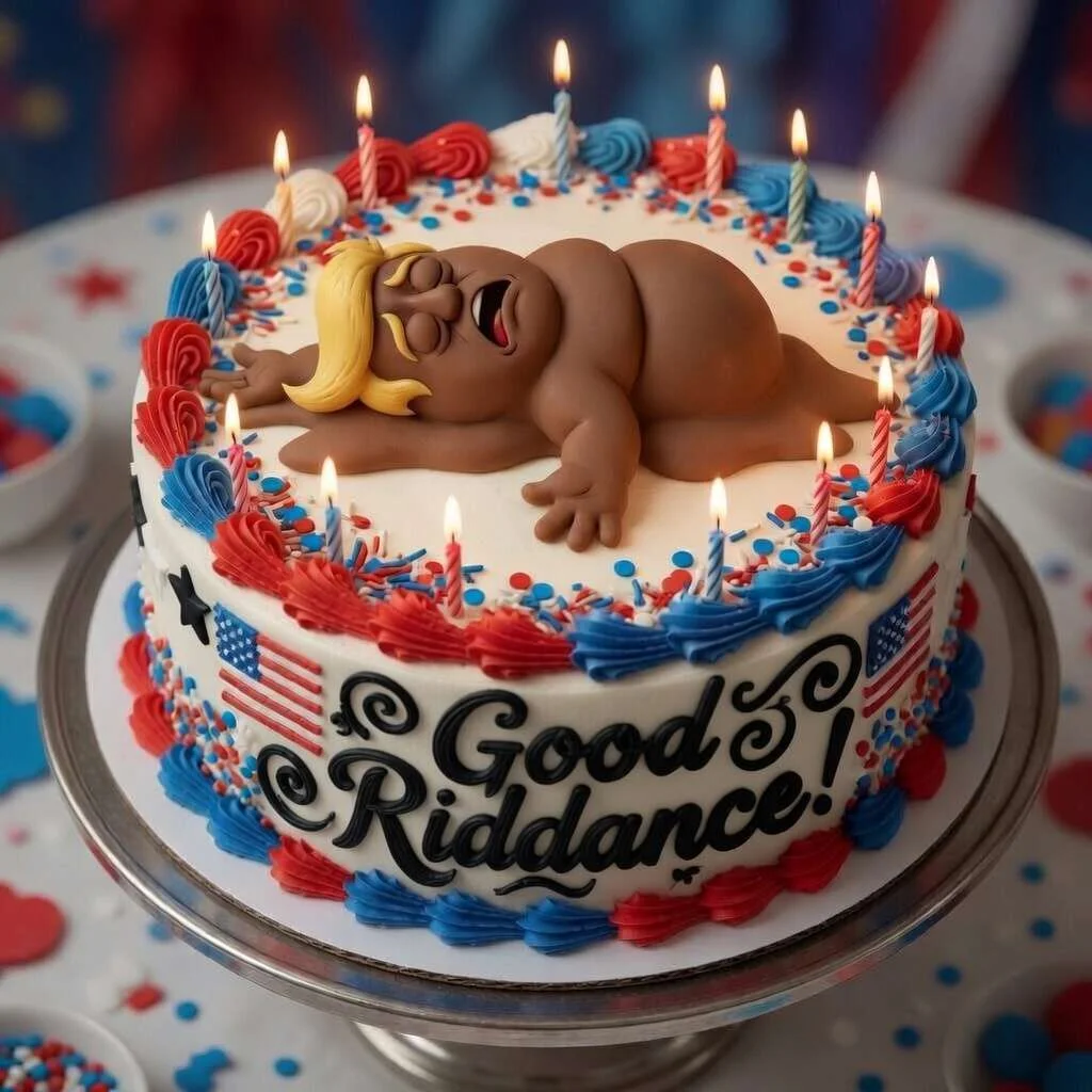 Celebration cake with a passed-out turd-Trump fondant topper, text 'Good Riddance!' in script, red-white-blue frosting