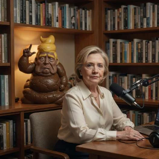 Professional woman at a podcasting desk with a turd-Trump figure beside her microphone